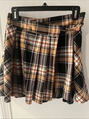 Urban Outfitters Plaid Pleated Midi Skirt - Black, Tan & White